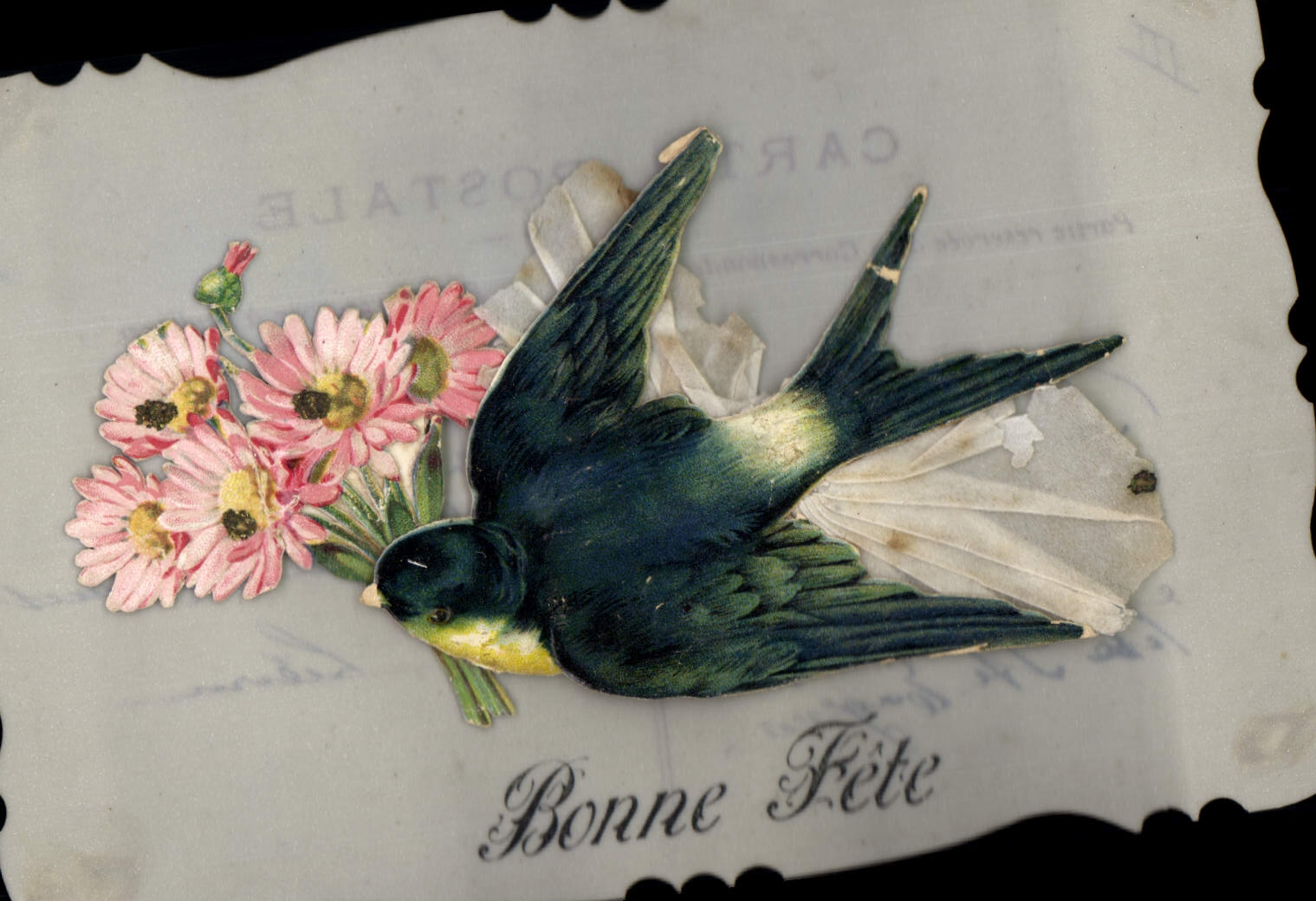 Oiseau portant des fleurs — Bonne Fête — Carte postale de la série 'CARTE POSTALE' (éditeur inconnu)