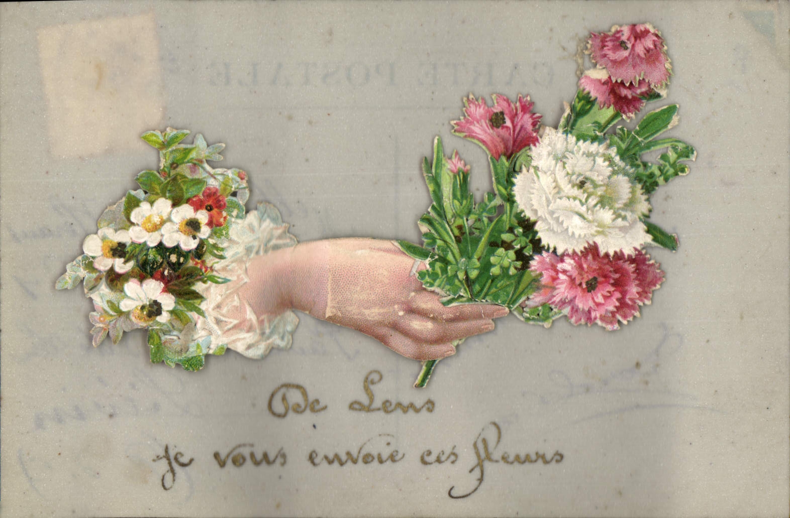 Mano che offre fiori — De Lens — editore sconosciuto, numero di serie non visibile