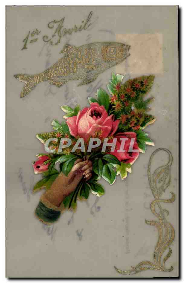 1er Avril — Poisson et bouquet de roses — Carte postale française