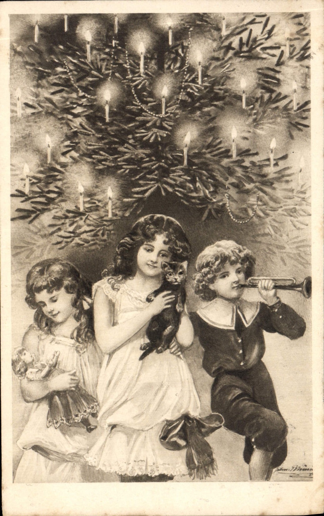 CPA Fantaisie Noel Enfants Poupee Chat