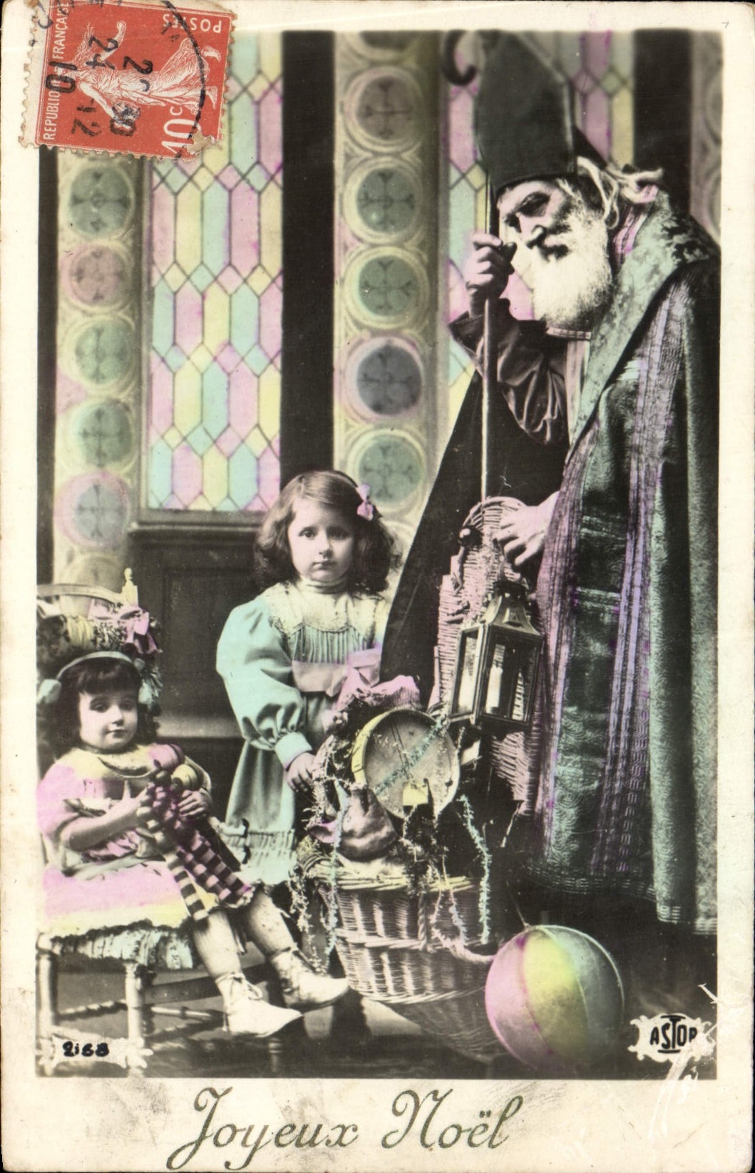 Père Noël et deux enfants — scène de Noël — éditeur ASTOP, n° 2168