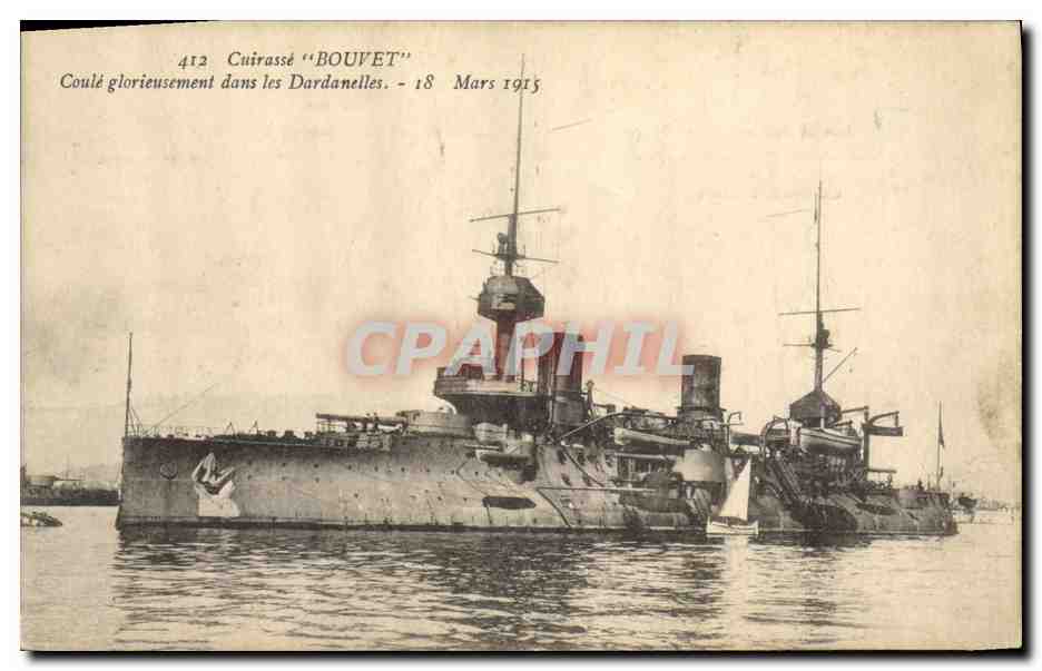 Cuirassé "Bouvet" — coulé glorieusement dans les Dardanelles — 18 Mars 1915 — Éditeur : Etablissements Impressions Phototypiques Mahiès & Cie, Toulon