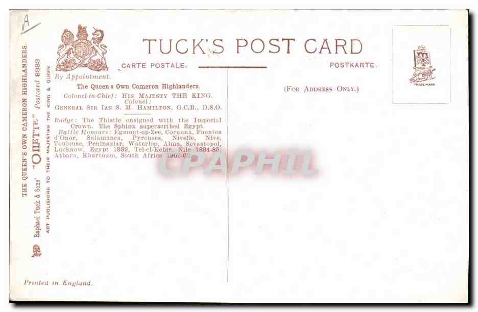Les Cameron Highlanders — The Queen's Own — Tuck & Sons, n° 8383 — Reverso
