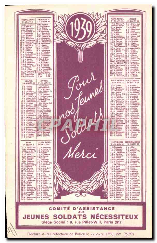 CPA Militaria Publicite Jeunes soldats necessiteux Rue Pillet Will Paris 9eme Calendrier 1939 — Verso