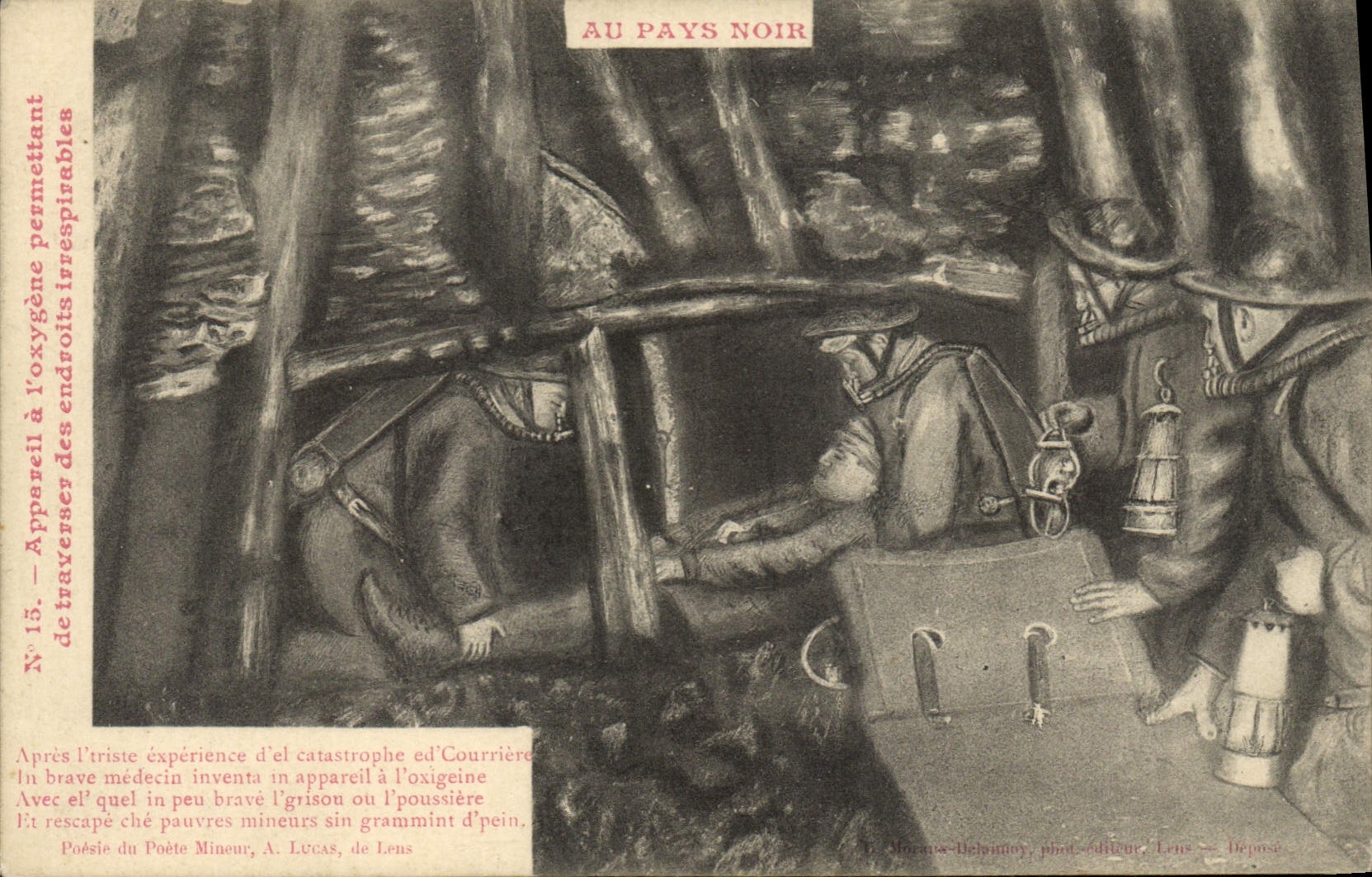 Mineurs dans les tunnels — expérience d'oxygène — Morane-Beltonnier, phot. édit. Lens — N°15