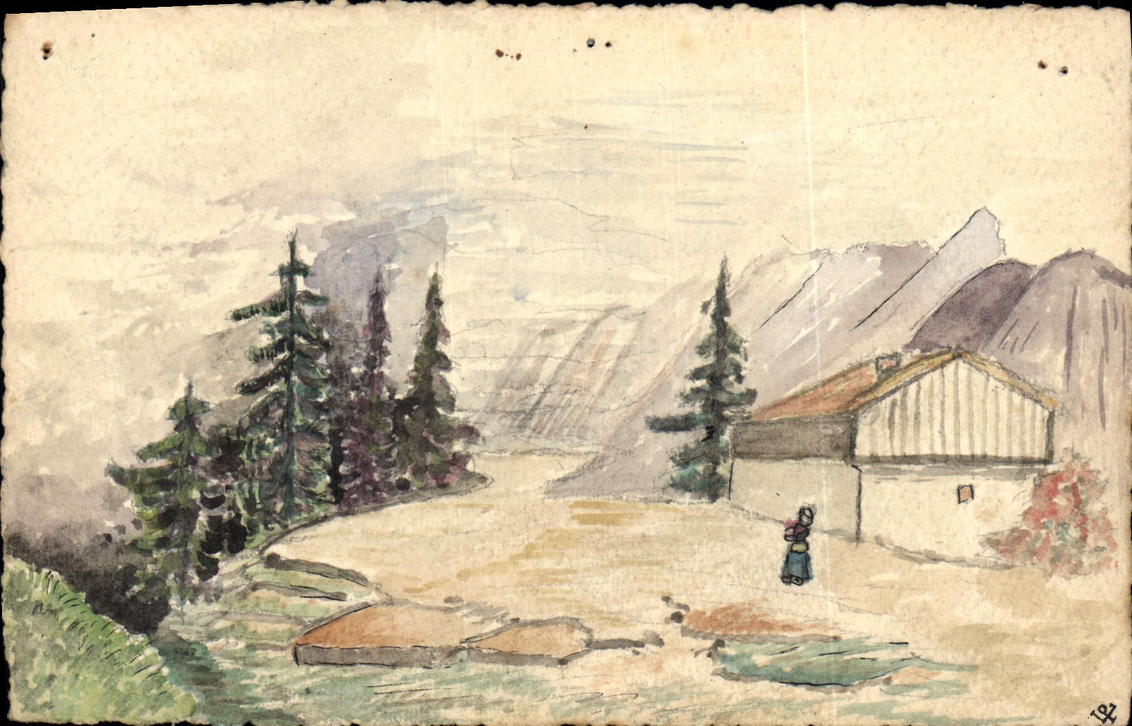 Pérouse (France) — paysage alpin avec maison et personne — éditeur non identifié, n° de série non visible