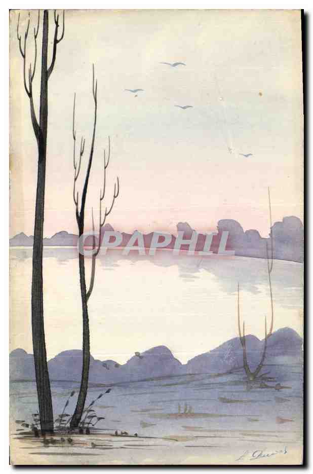 Paysage lacustre avec arbres nus — œuvre de L. Chavard — éditeur non visible