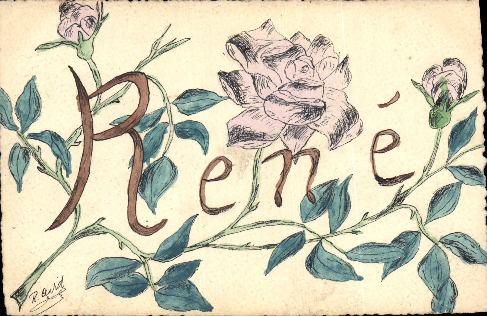 CPA Fantaisie Fleurs Prenom Rene (dessin a la main) 