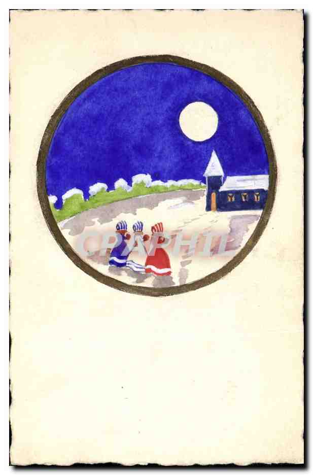 Deux enfants sous la lune — scène nocturne hivernale — éditeur non visible