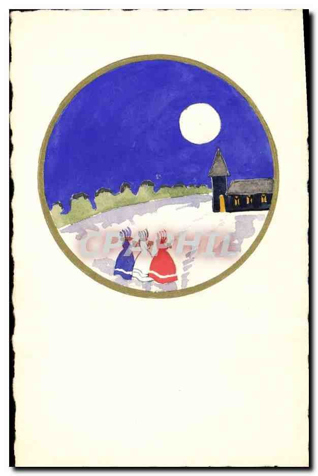 Scène nocturne avec église — illustration circulaire — éditeur non visible