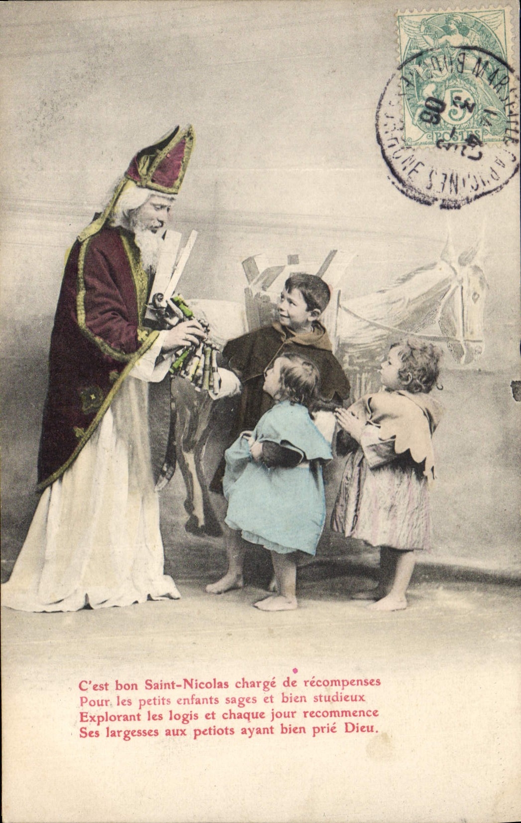 Saint-Nicolas et enfants — texte imprimé et timbre — éditeur non visible