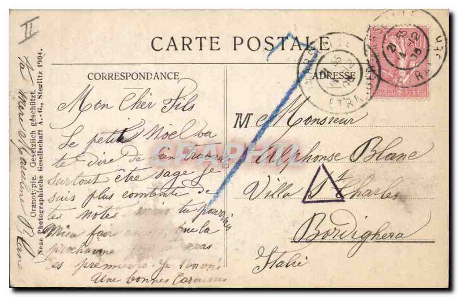 Père Noël et enfant — scène de Noël — NRC, n° 450/2 — Verso