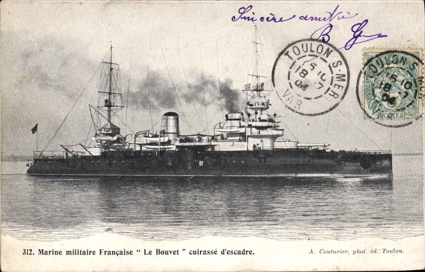 Marine militaire Française "Le Bouvet" cuirassé d'escadre — A. Couturier, phot. éd. Toulon, n° 312