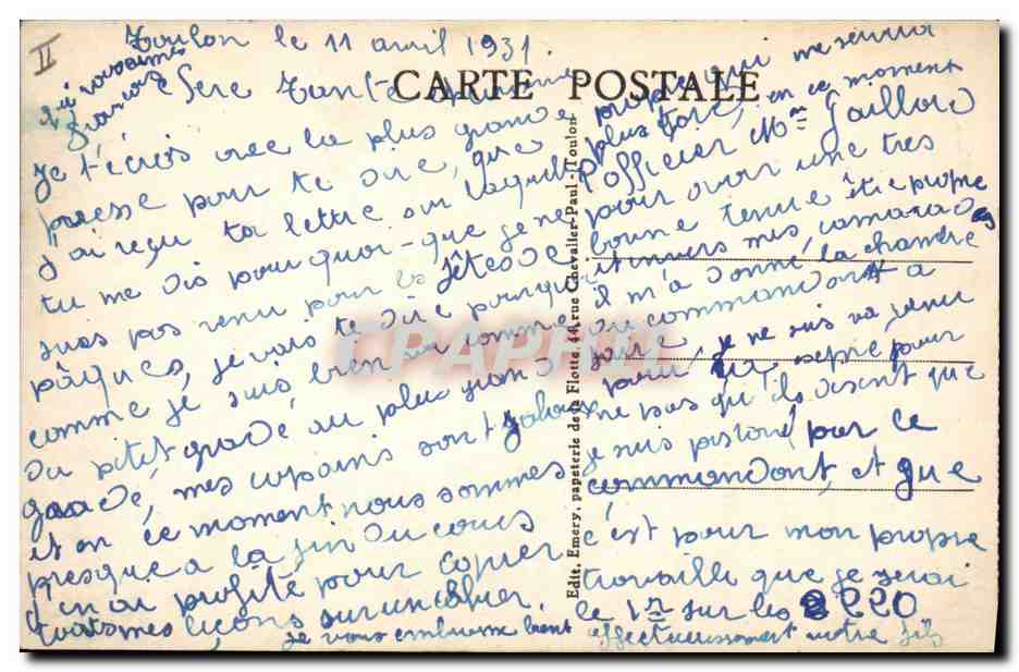 Porte-Avion BÉARN — Marine de Guerre — Édition Emery - Toulon — Verso