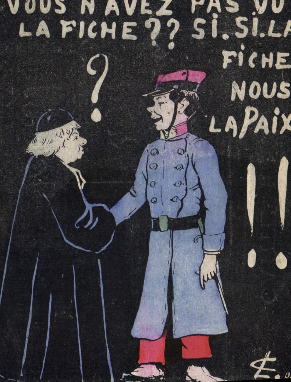 Carte postale caricature politique — soldat et civil — éditeur E. o. (signature)