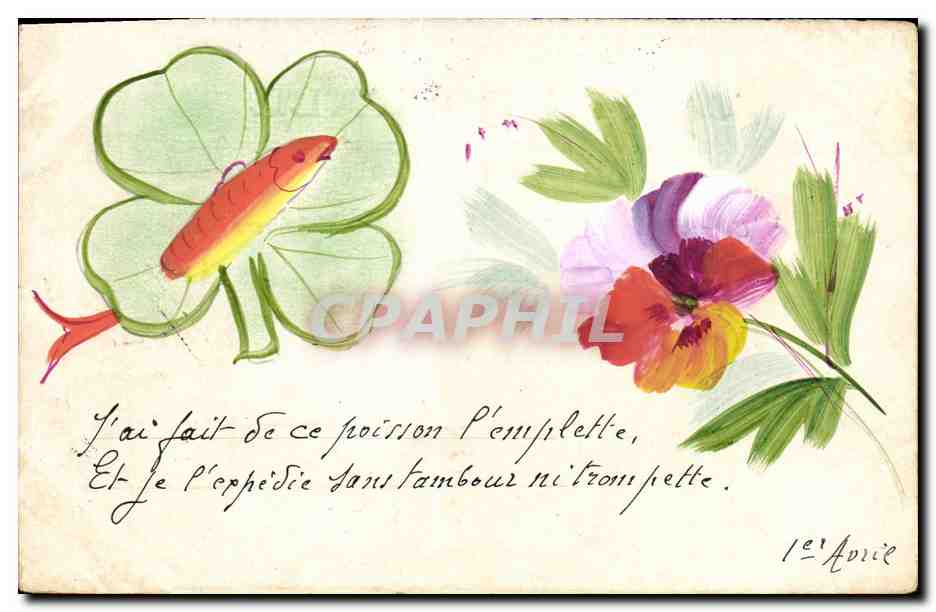 Poisson sur trèfle — illustration colorée — datée 12 avril