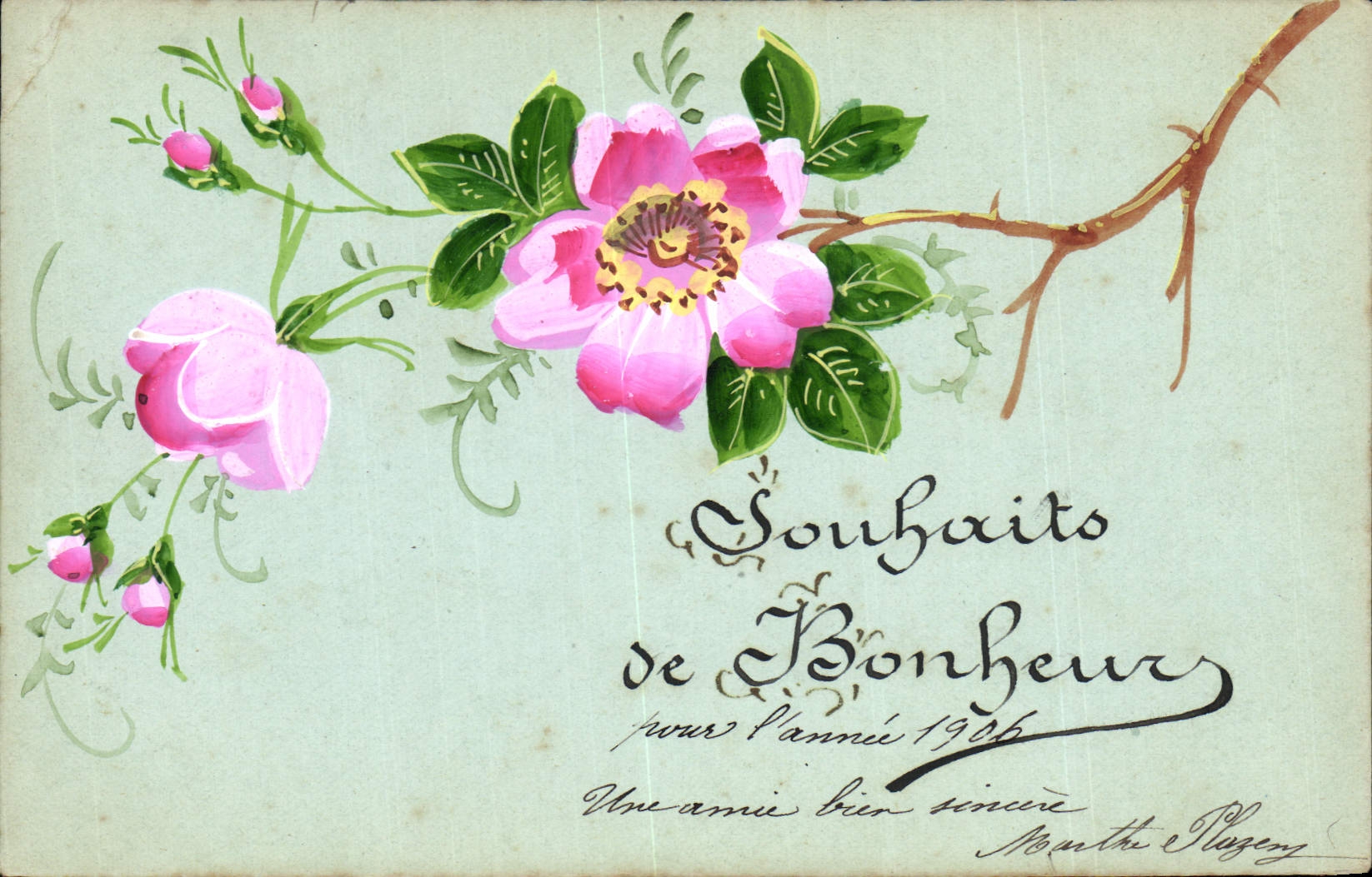 Fleurs de rosier — Souhaits de Bonheur pour l'année 1906 — Martha Plagey