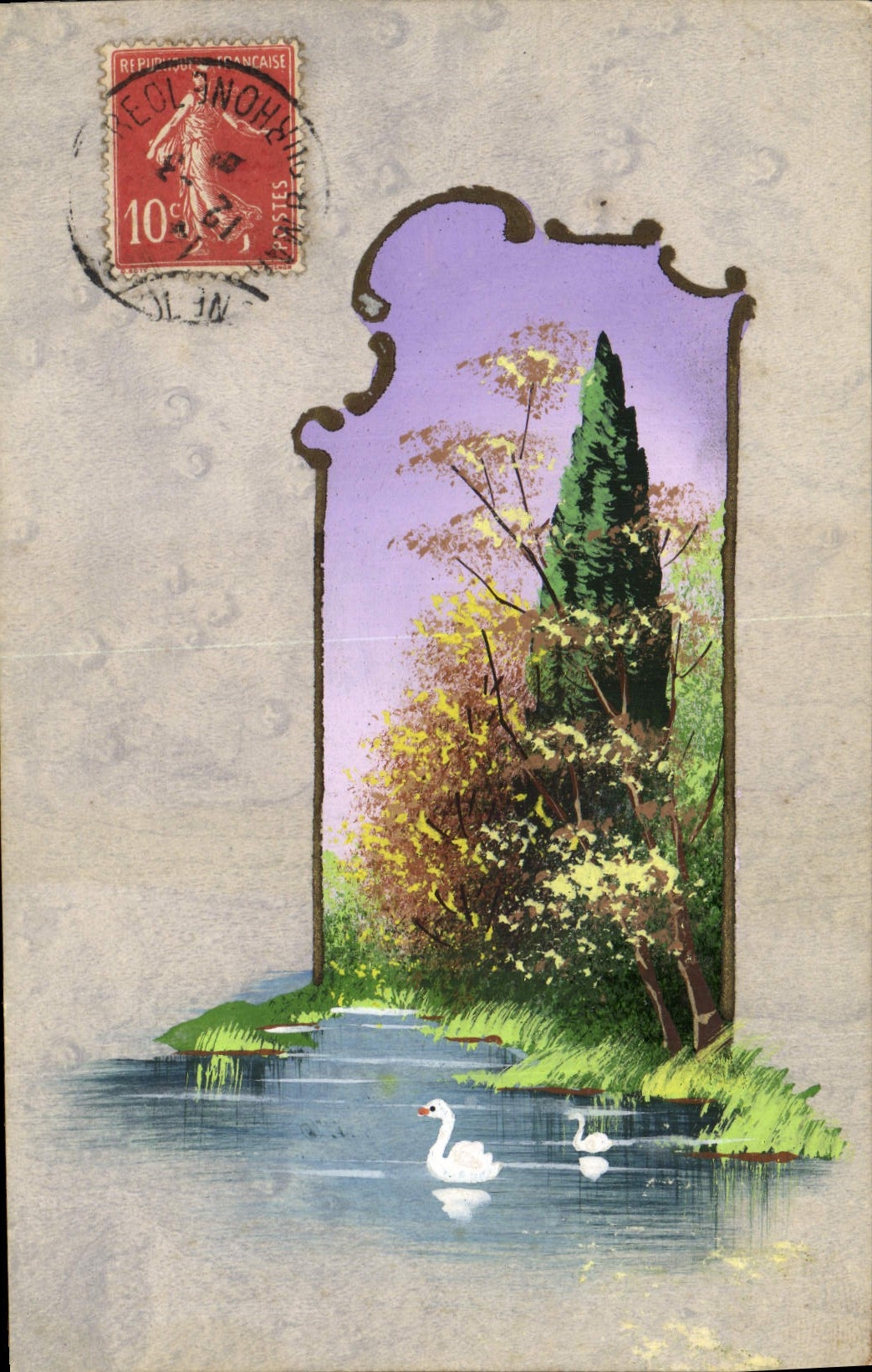 Scène de rivière avec cyprès et cygnes — éditeur Lepoârd, n° de série non visible