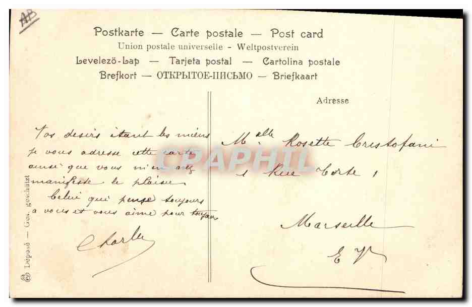 Scène de rivière avec cyprès et cygnes — éditeur Lepoârd, n° de série non visible — Verso