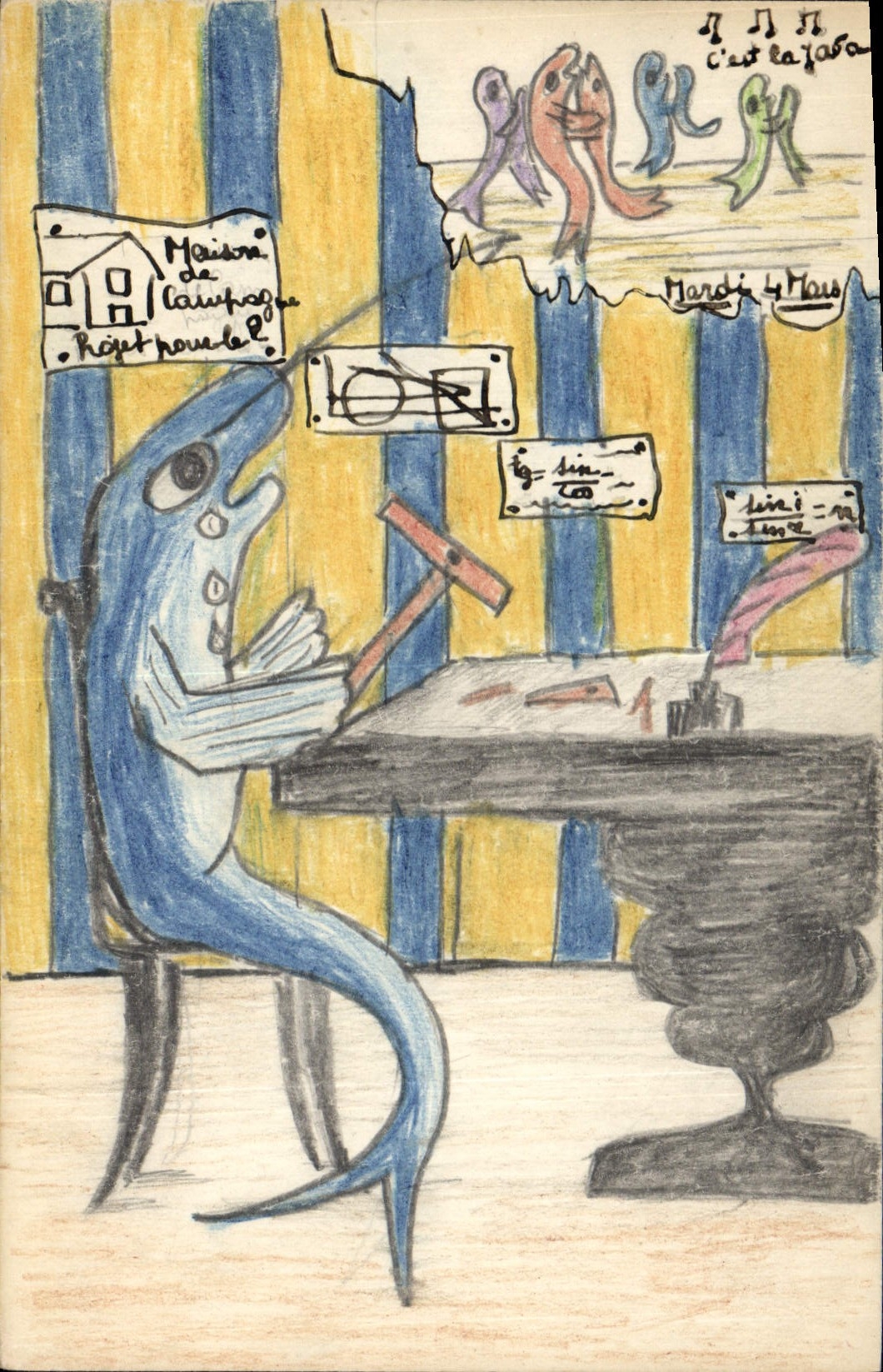 Imaginary subject with shark at the table — Maison de laurier, Tuesday 4 March — child's drawing