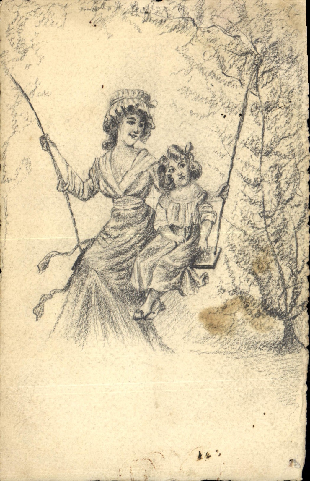 Femme et enfant sur un balancier — dessin au crayon — CPAPHIL