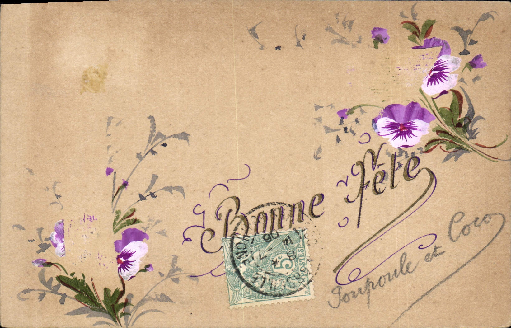 Fleurs violettes — Bonne Fête — éditeur inconnu, n° de série non visible