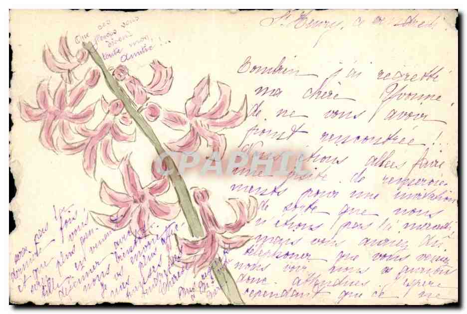 Fleurs roses — dessin à l'encre et aquarelle — carte postale envoyée de Saint-Henri-en-Beauce