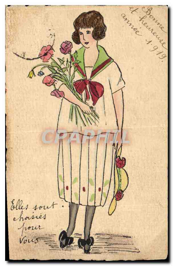 Femme tenant un bouquet de fleurs — Bonne année 1919 — Carte postale