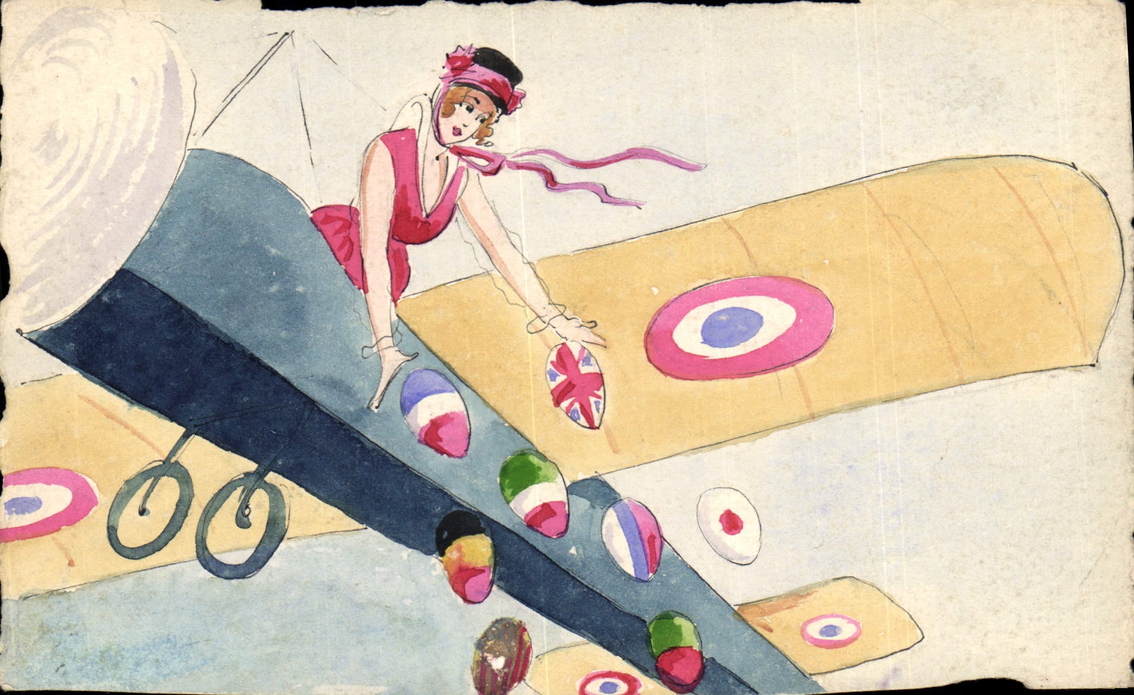 Femme dans un avion biplan — décor de guerre — éditeur CPAPHIL, n° série non visible