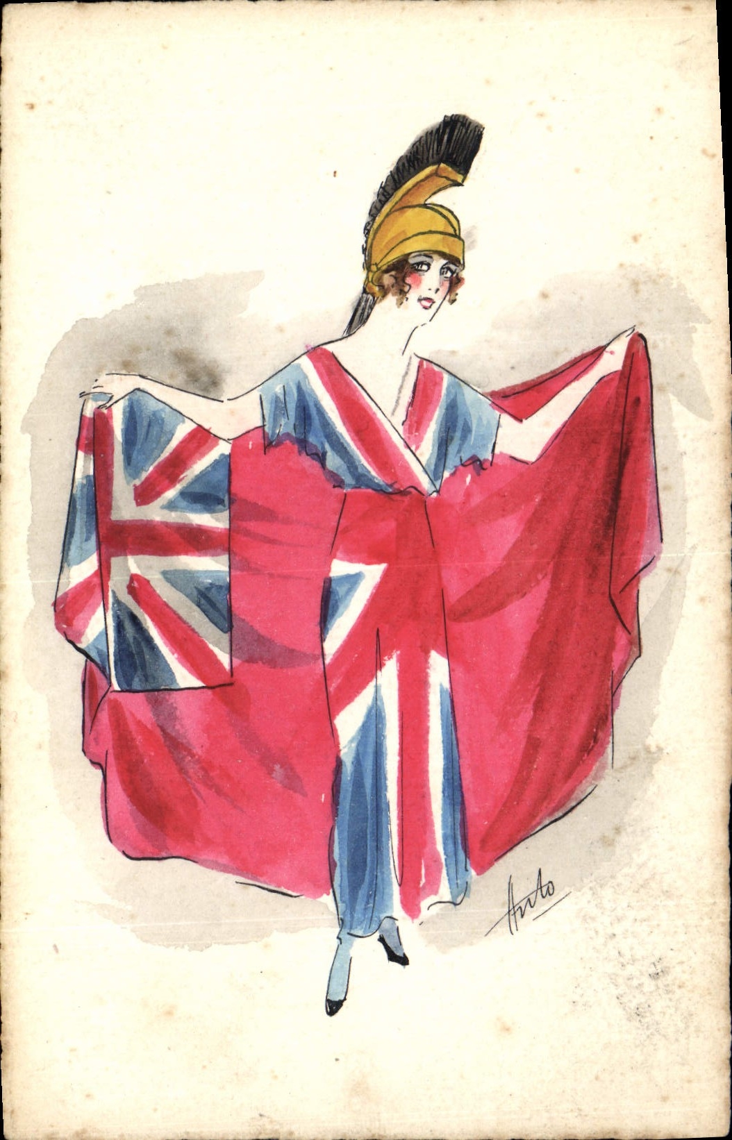 Femme en costume de guerre britannique — illustration — signée 'Anuto'