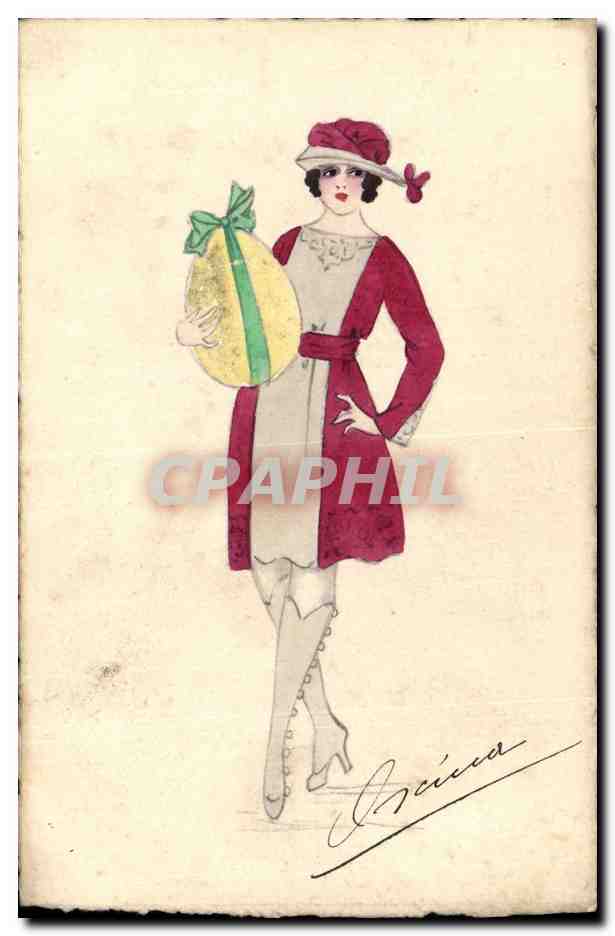 Femme en robe rouge et chapeau — illustration de style Art Déco — signée 'O. Ricca'