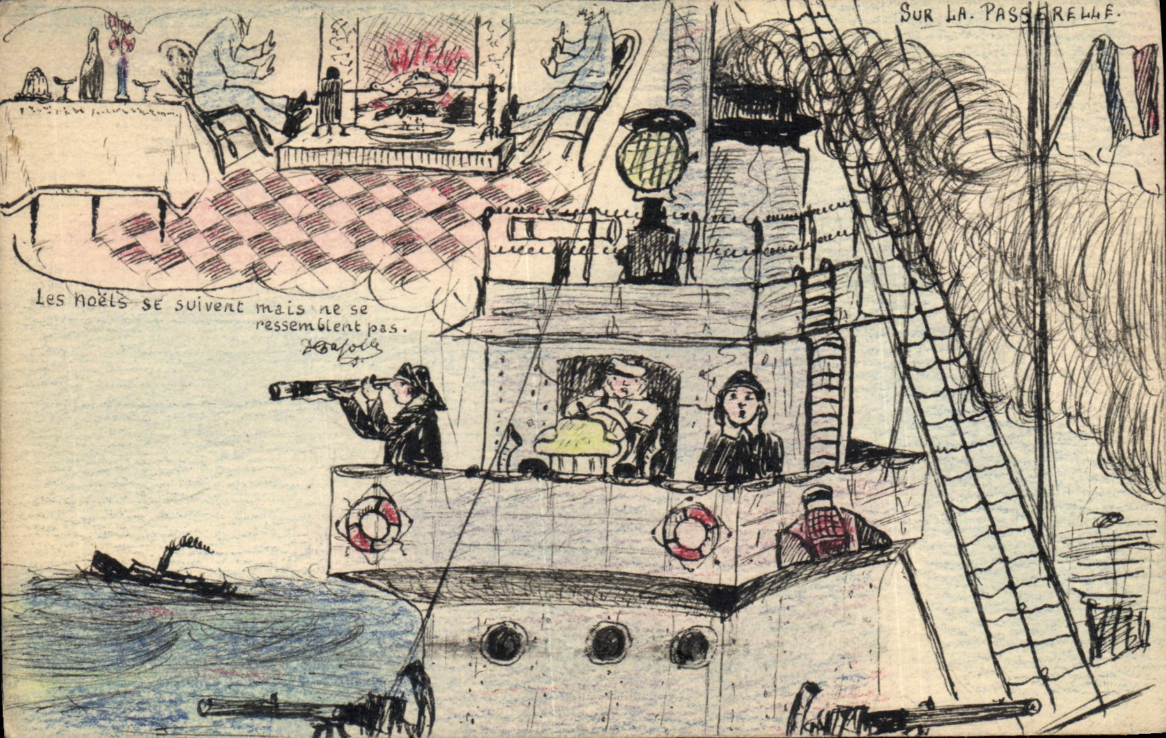 Sur la passerelle — Les hoëls se suivent mais ne se ressemblent pas — dessin de Z. Baïolle