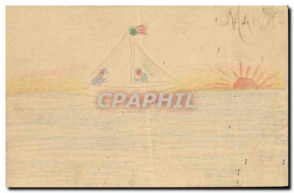 Bateau à voile au coucher du soleil — dessin enfantin — sans éditeur ni numéro de série visible
