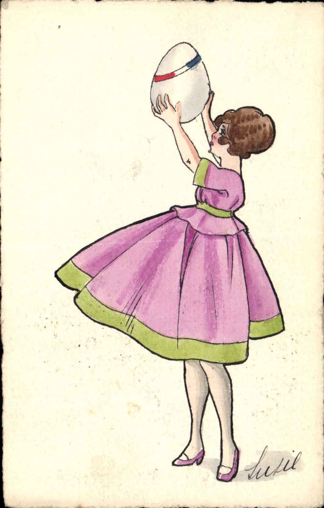 Femme en robe rose tenant un ballon tricolore — dessin signé 'Lucil' — éditeur CPAPHIL