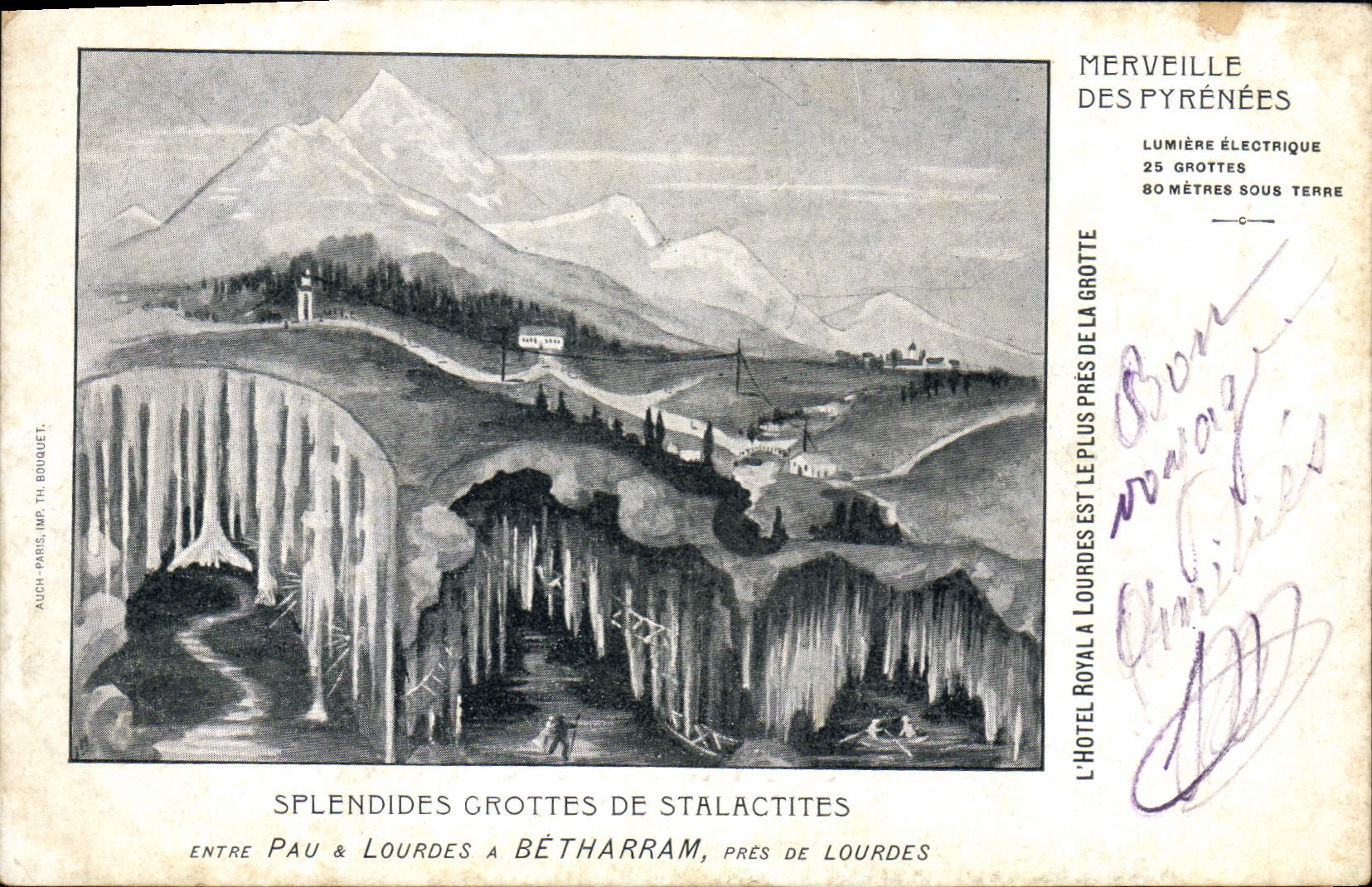 Grottes de Stalactites à Bétharram — Splendides grottes de stalactites entre Pau & Lourdes — éditeur Auch, Paris, Th. Bonquet