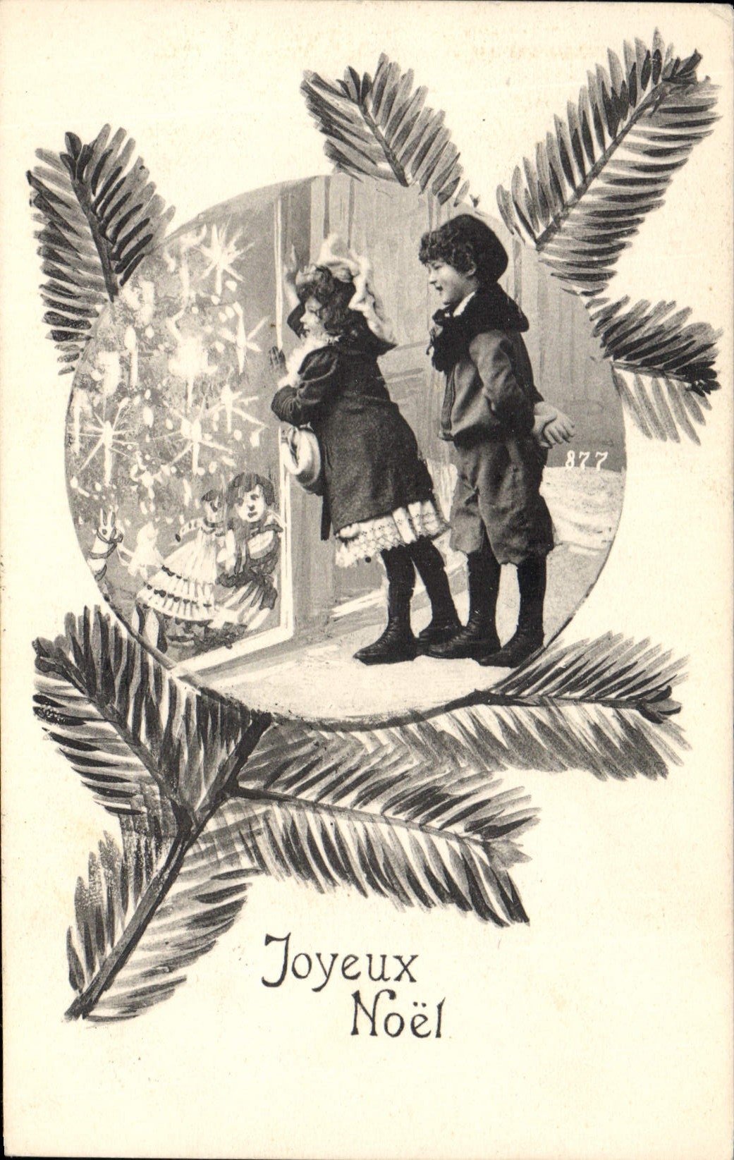 Kinder vor einem dekorierten Fenster — Frohe Weihnachten — unbekannter Verlag, Nr. 877