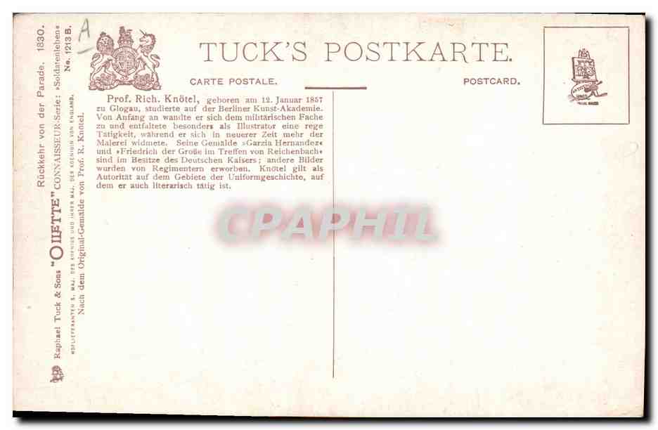 Parade de cavalerie — illustration de Rich. Knötel — éditeur Tuck's, n° 1213 B — Verso