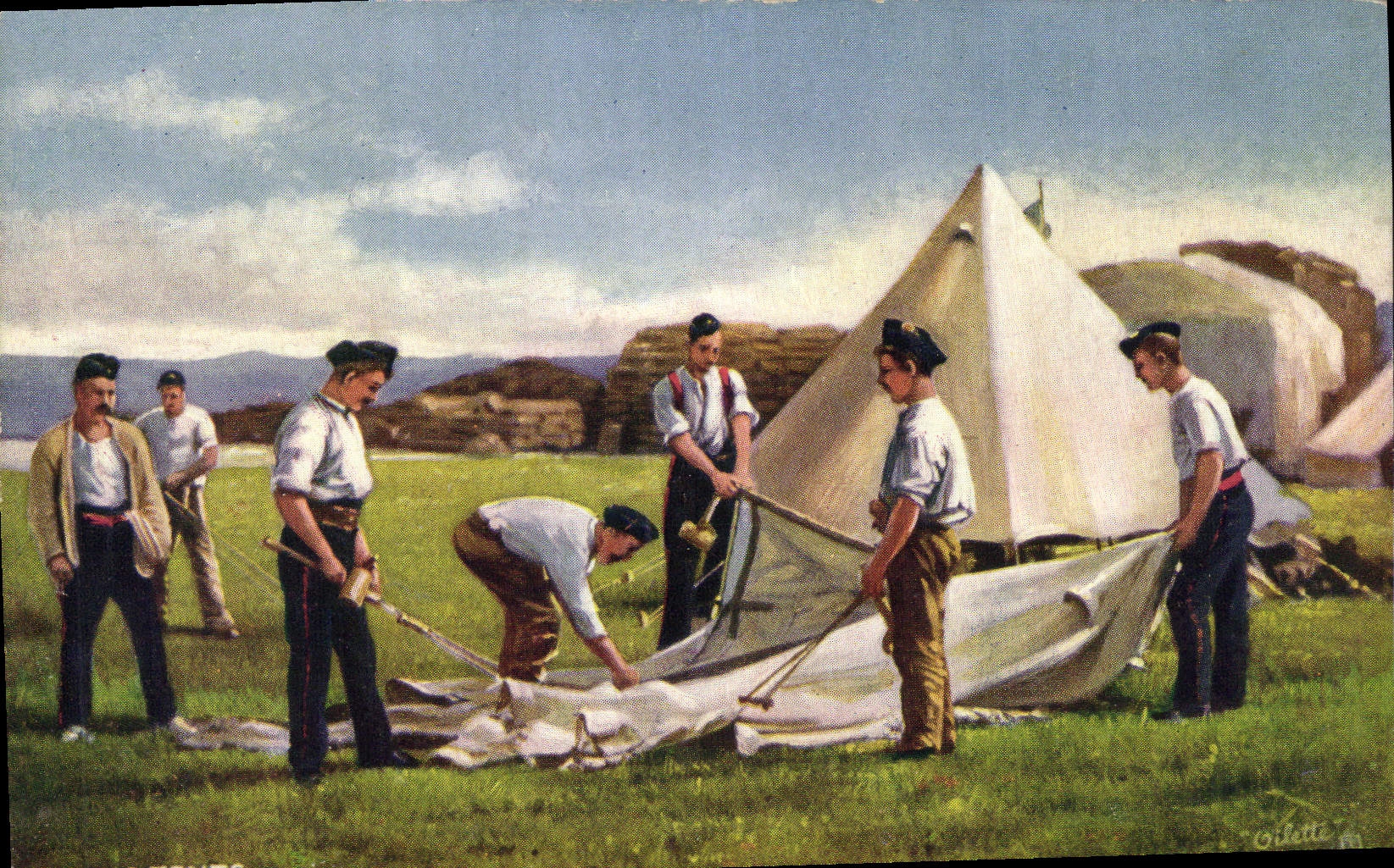 Soldats en train d'installer une tente — scène militaire — éditeur Olifette, n° 60
