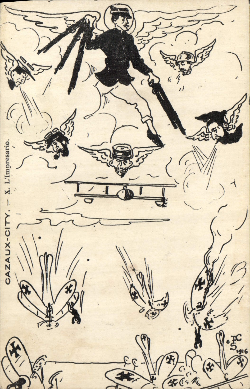 Cazaux-City — caricature militaire avec ange armé — L’Impresario, n° X