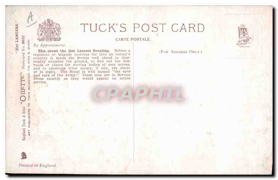 21st Lancers — Scouts — Tuck's Post Card No. 8835 — Reverso