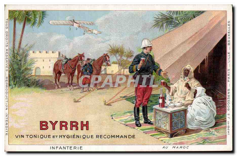 CPA Militaria Byrrh Vin tonique Infanterie Au Maroc Avion Aviation