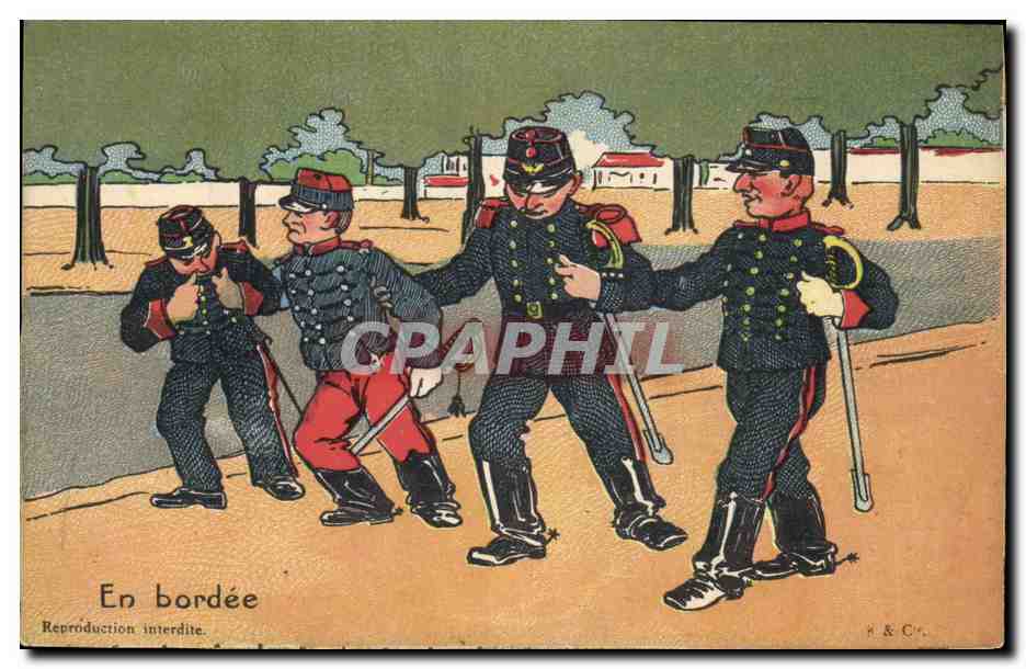 En bordée — caricature de soldats en parade — H & C M.