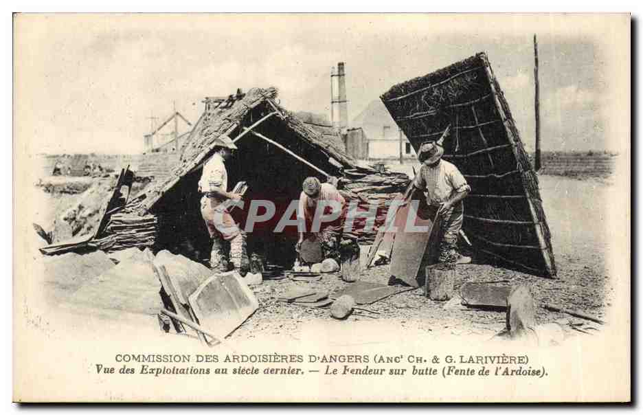 CPA Ardoisieres Commission des Ardoisieres d'Angers Lariviere Vue des exploitations au siecle dernier Le fendeur sur butte Fente de l'ardoise TOP