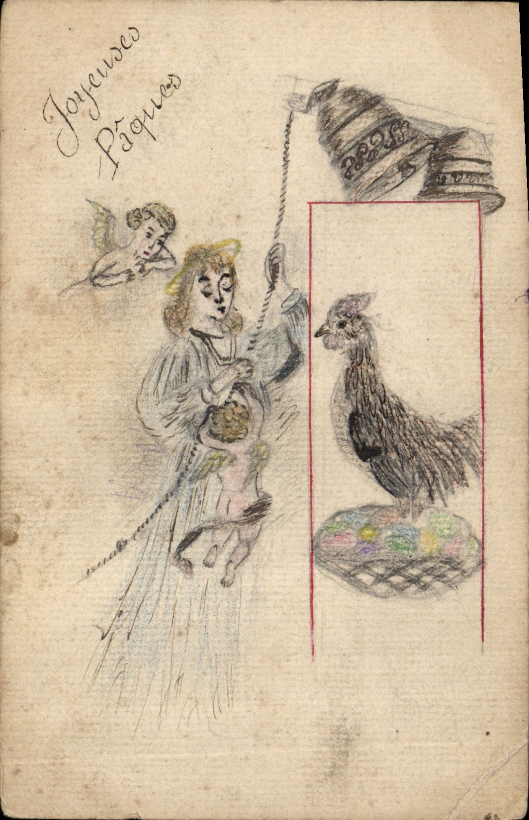 CPA Fantaisie Coq ange Paques (dessin a la main) 