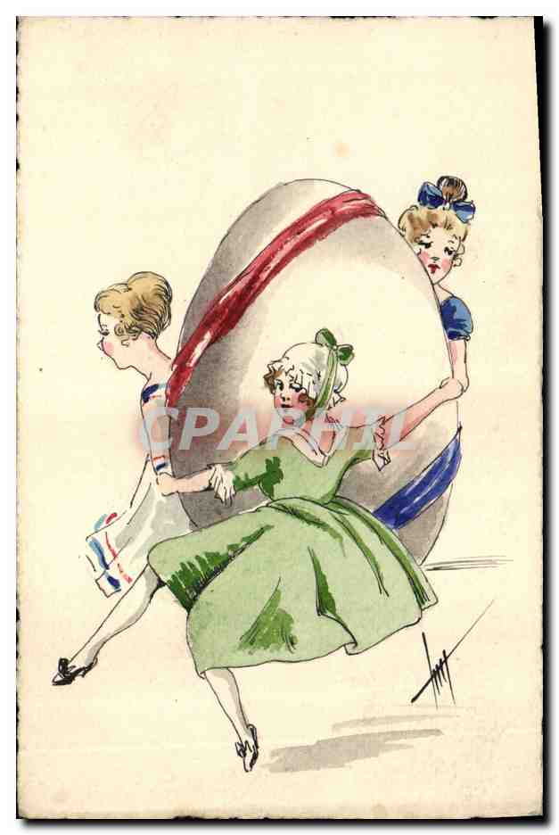 Femmes jouant avec un grand œuf décoré — illustration — éditeur inconnu, n° de série non visible