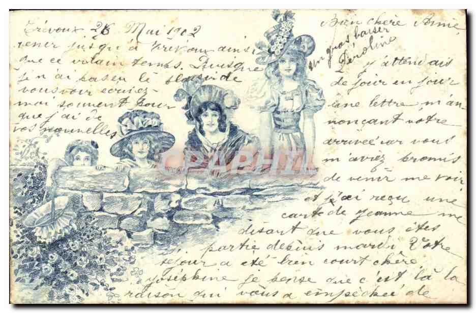 Quatre jeunes femmes en chapeaux — Érèvres — datée 26 mai 1902 — sans éditeur ni n° de série visible