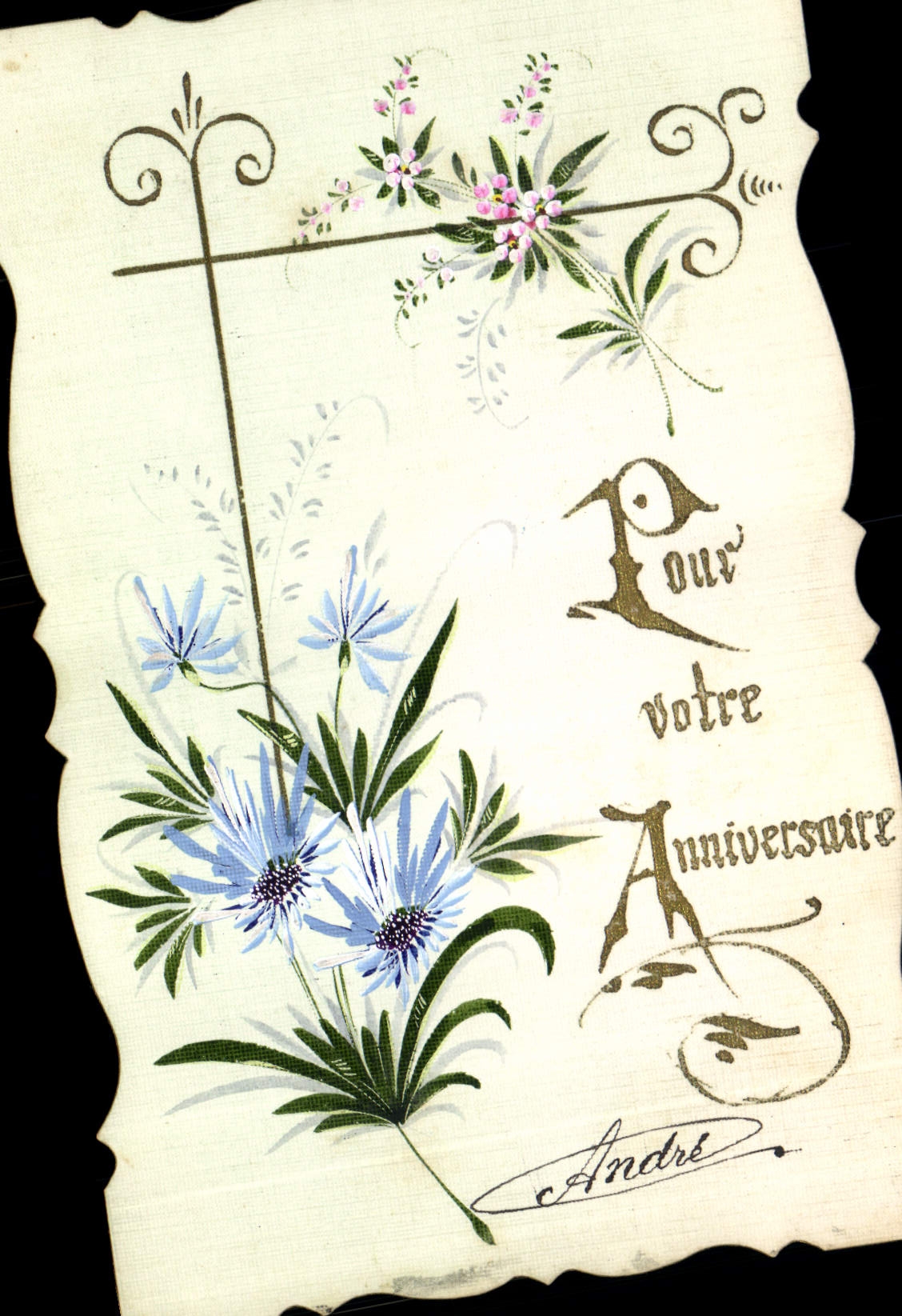 Fleurs et texte décoratif — Pour votre Anniversaire — André — F.J.R. Paris