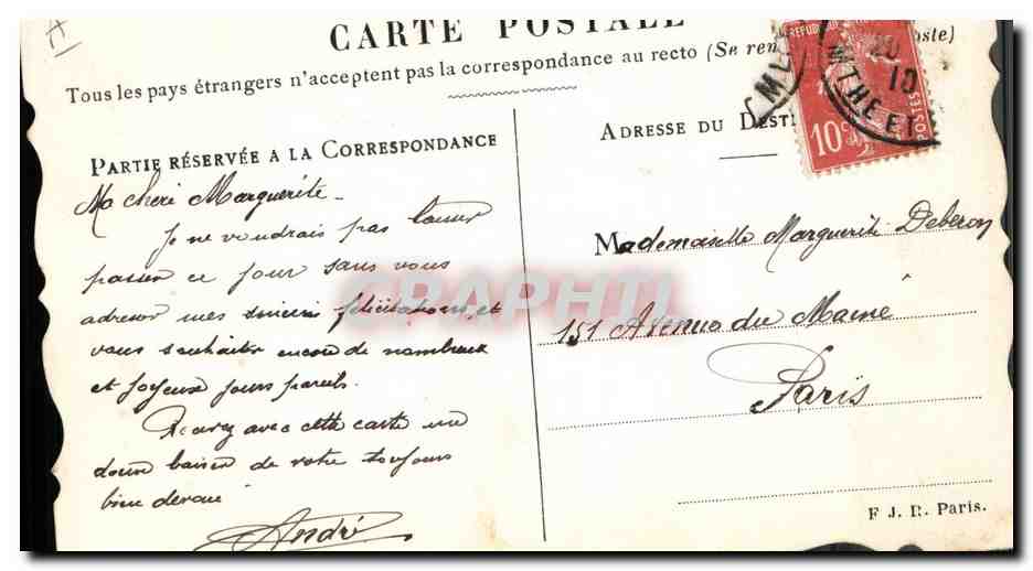 Fleurs et texte décoratif — Pour votre Anniversaire — André — F.J.R. Paris — Reverso