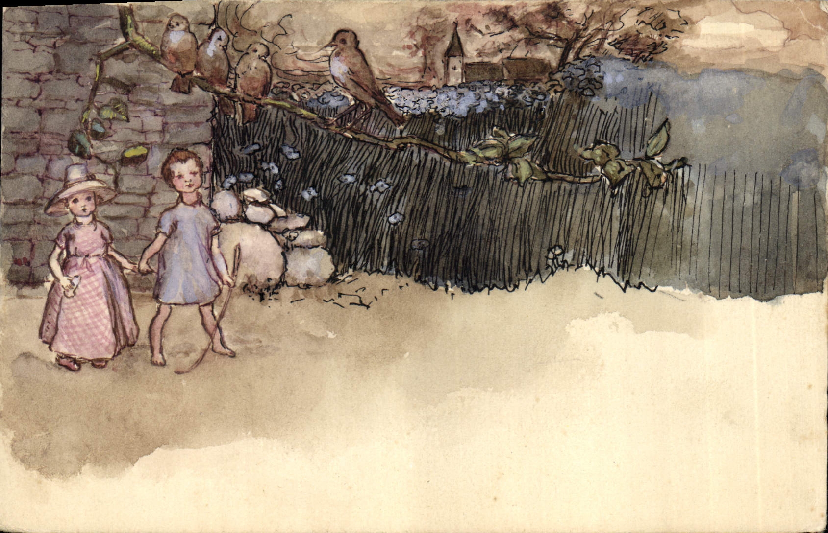 Enfants et oiseaux — scène de campagne — éditeur non identifié