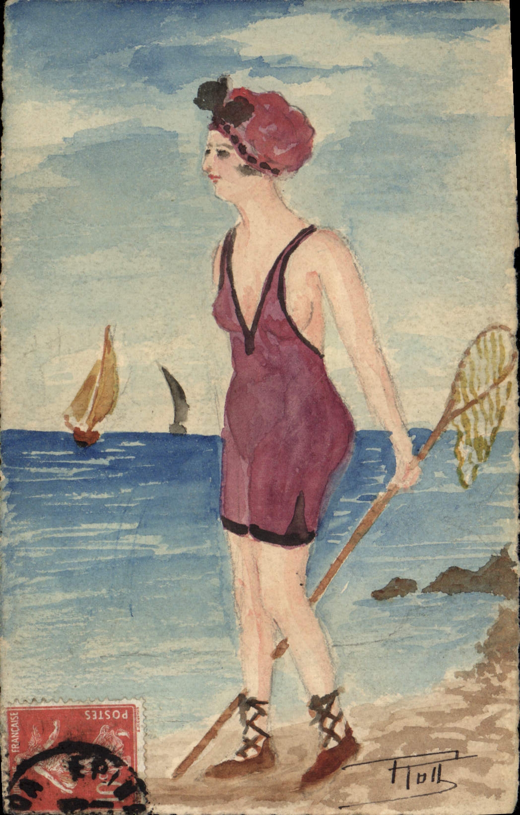 Femme en maillot de bain — plage avec voile — Hall
